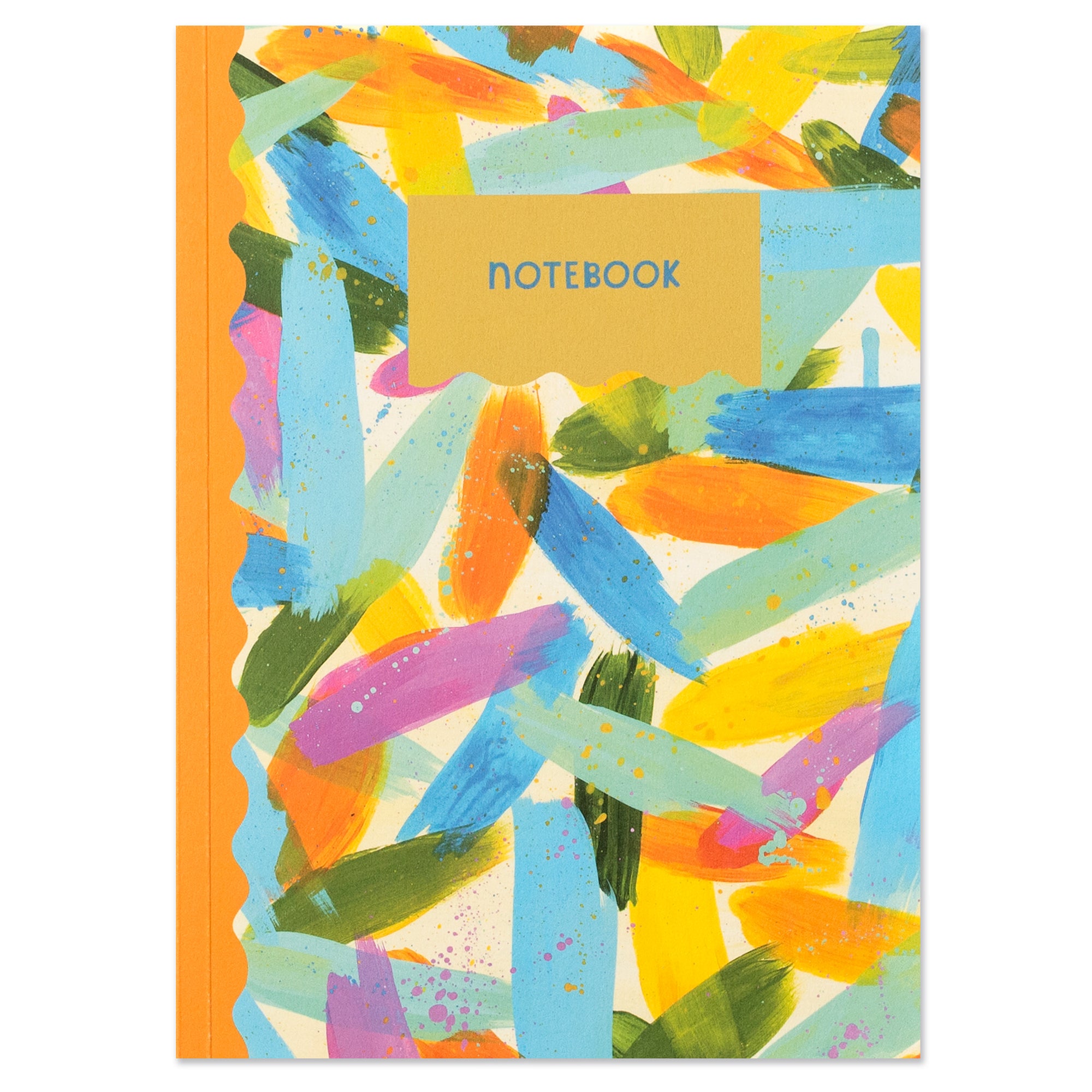 A colourful and patterned rectangular notebook. The image shows the front of the notebook - it has a scalloped bright orange binding edge and a gold box in the middle of the upper half with the word notebook in blue. The main pattern is a hand painted abstract design with long dashes.