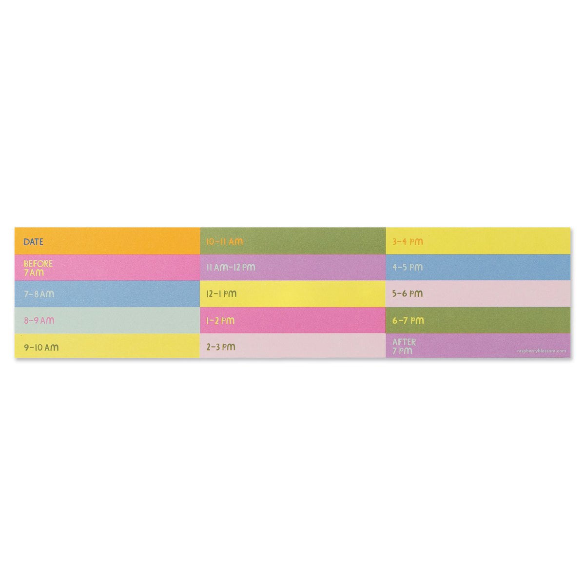 A multicoloured slim oblong notepad that breaks down the hours of the day so you can note appointments, meetings or tasks. Each time slot is coloured a different block colour. Times range from before 7am, then hour by hour until after 7pm.