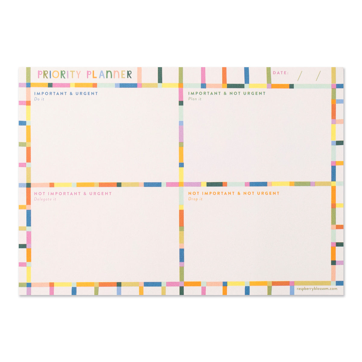 A cream coloured rectangular notepad with the title &#39;Priority Planner&#39;. It has an outline colourful grid pattern that helps break down the notepad into 4 blocks as follows: Important &amp; Urgent, Important &amp; Not Urgent, Not Important &amp; Urgent, Not Important &amp; Not Urgent.