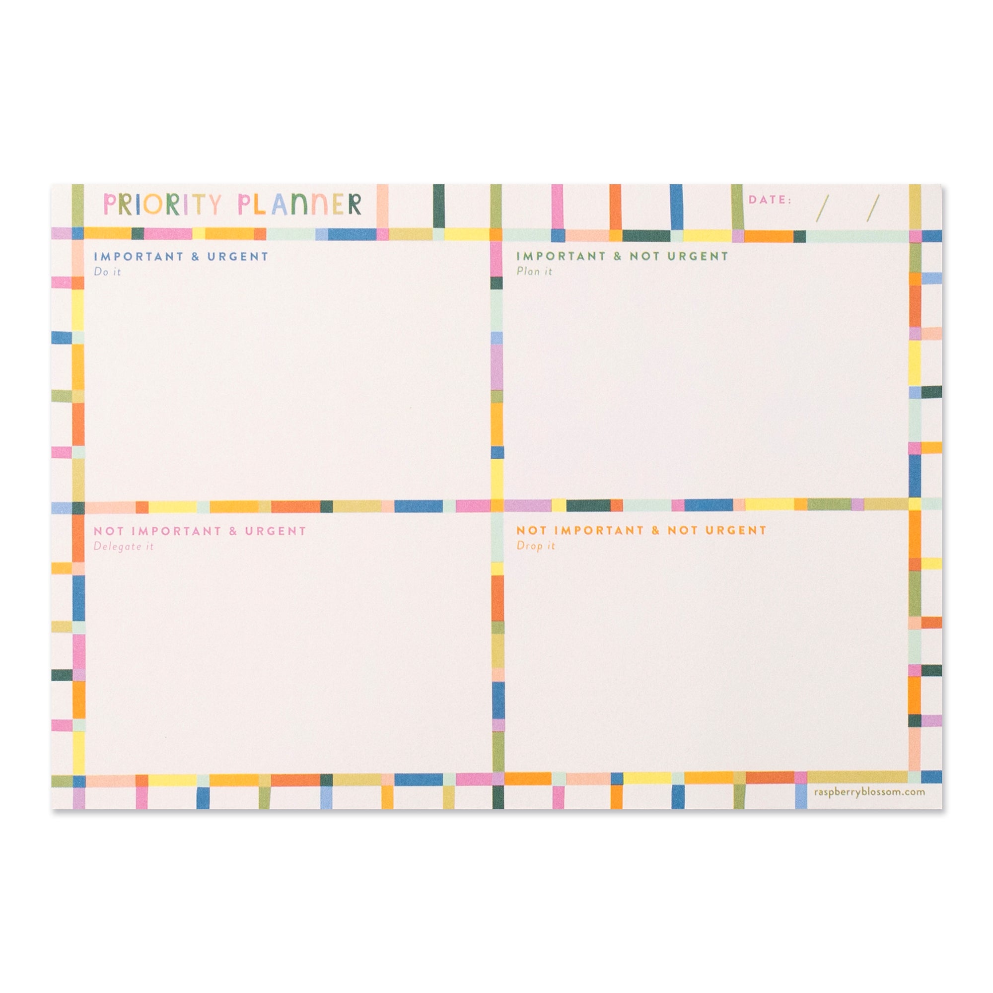 A cream coloured rectangular notepad with the title 'Priority Planner'. It has an outline colourful grid pattern that helps break down the notepad into 4 blocks as follows: Important & Urgent, Important & Not Urgent, Not Important & Urgent, Not Important & Not Urgent.