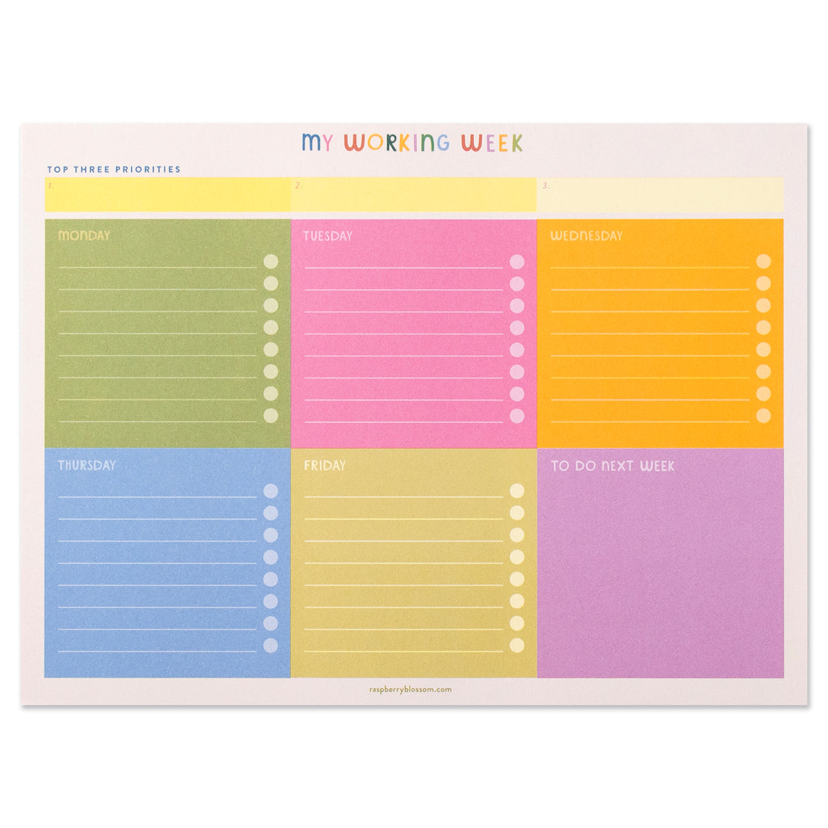 A rectangular colourful notepad with the title in colourful block capitals My Working Week at the top. The notepad is broken down into days of the working week i.e. monday to friday. Each box has lines to write a task on with circles to check off the task at the end of each. There is also space to write your top three priorities for the week and to do next week.