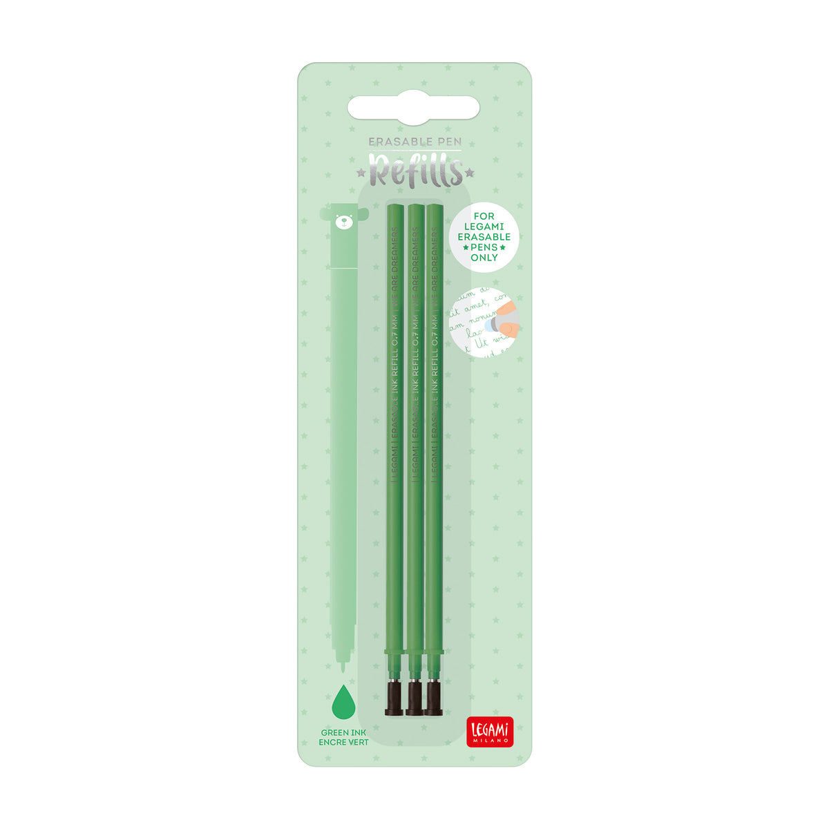 Three green erasable gel pens refills, packaged on a green card labeled 'Erasable pen refills', by Legami Milano at penny black.
