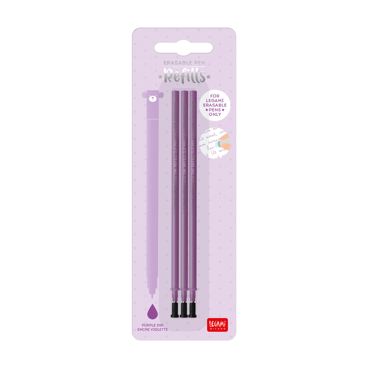Three purple erasable gel pens refills, packaged on a lilac card labeled 'Erasable pen refills', by Legami Milano at penny black.