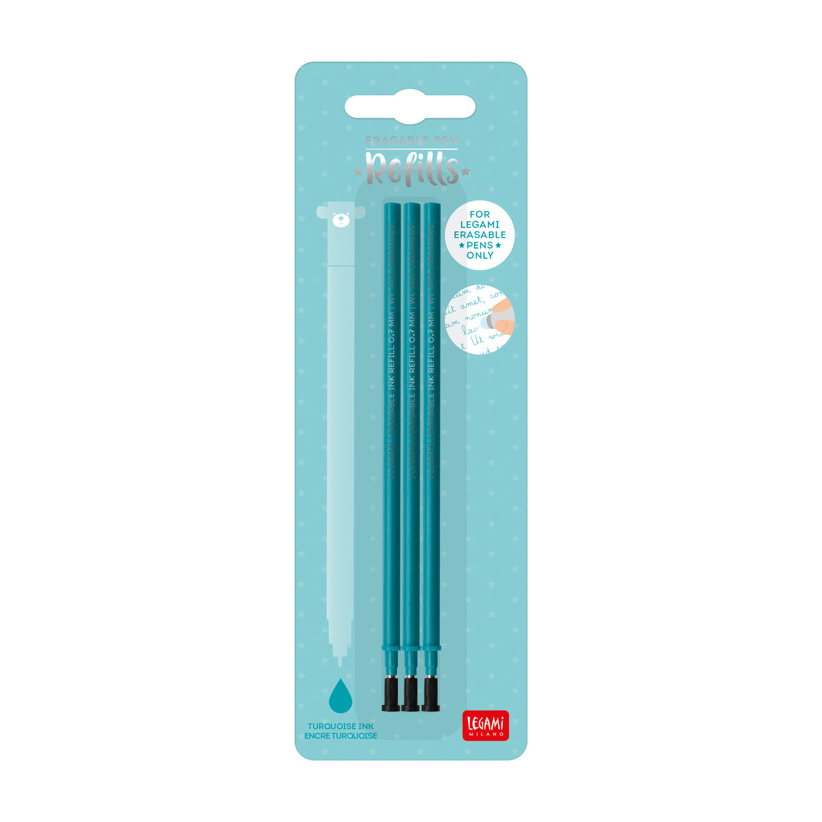 Three turquoise erasable gel pens refills, packaged on a turquoise card labeled 'Erasable pen refills', by Legami Milano at penny black.