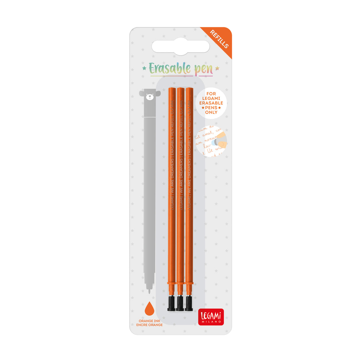 Three orange erasable gel pens refills, packaged on a white card labeled 'Erasable pen' with a orange 'refills' tab, by Legami Milano at penny black.