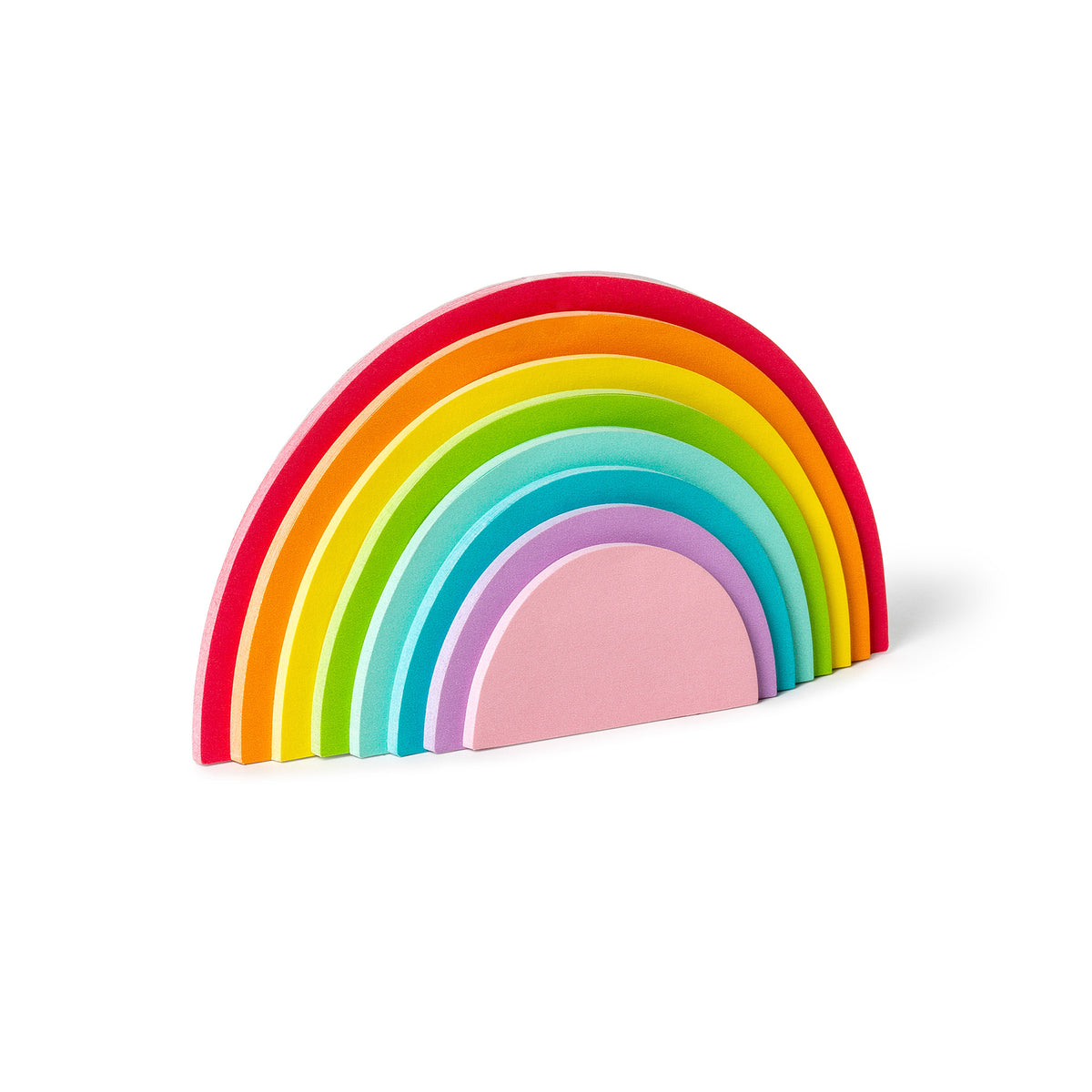 An image of a sticky notes pad in the shape of a rainbow. There are a range of brightly coloured sections stacked on top of one another to make the shape of a rainbow.