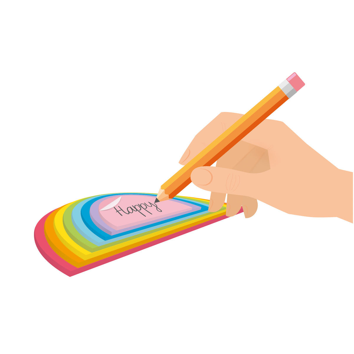 An image of a hand holding a pencil writing on a rainbow shaped sticky notes pad.