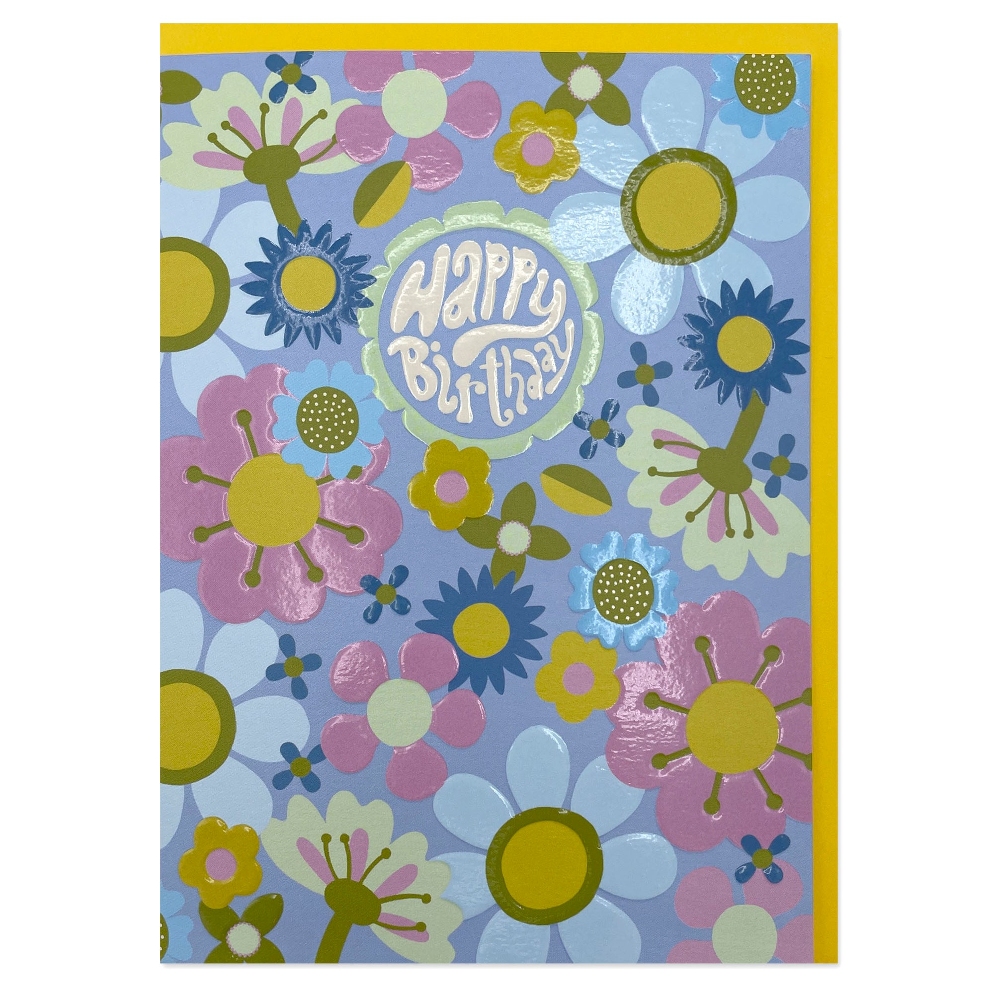 A colourful floral greetings card to celebrate a birthday where the main colour is blue. The wording in the centre of the card is 'Happy Birthday'.