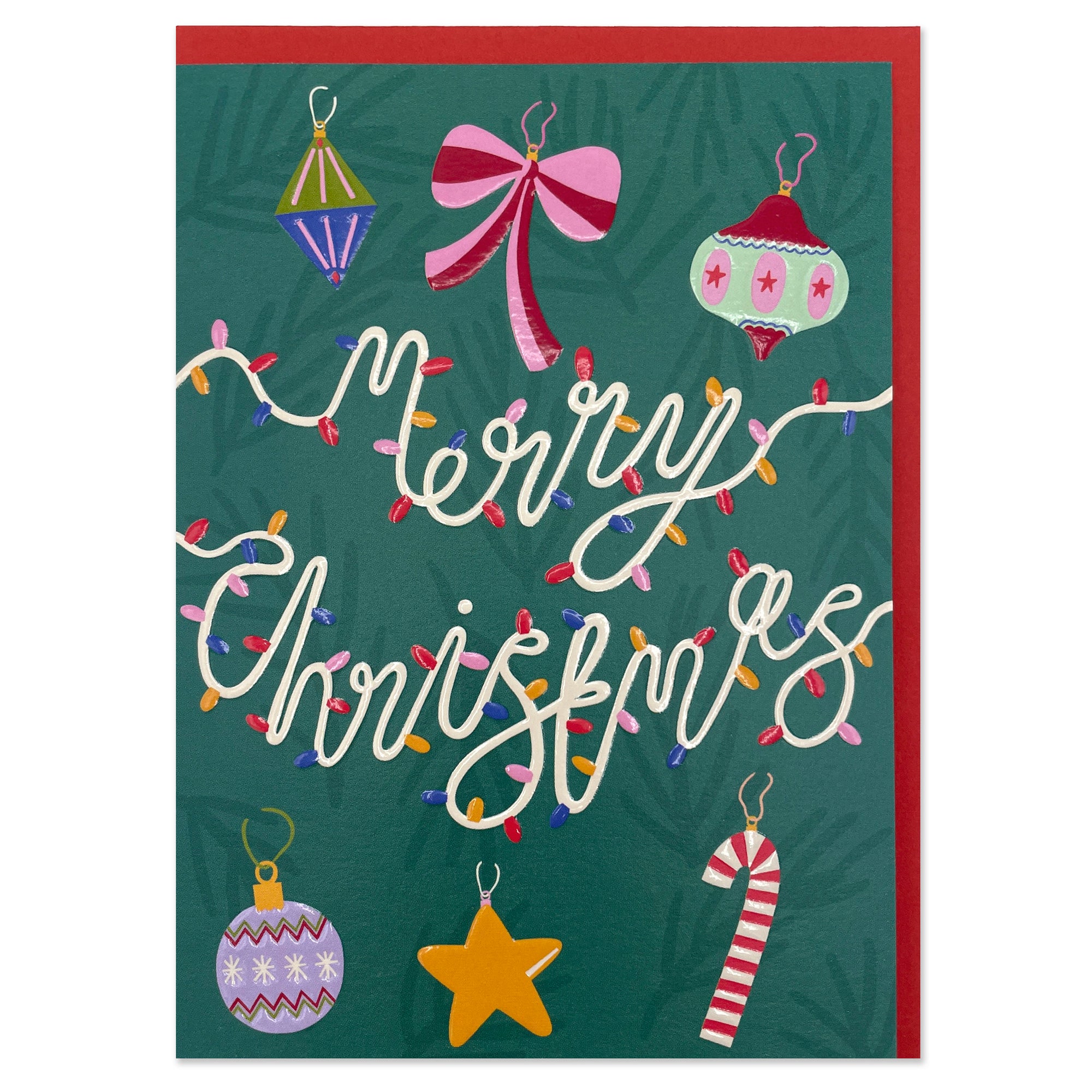 A dark green greetings card symbolising a christmas tree, featuring colouful baubles and merry christmas written in script that is fairy lights.