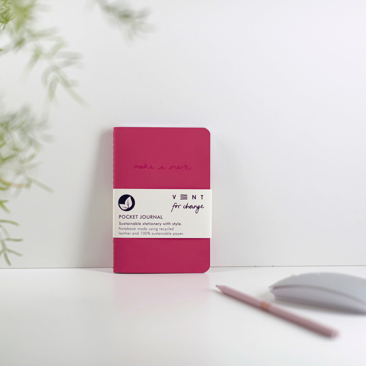 Make a Mark Recycled Leather A6 Pocket Notebook showing warm pink colourway leaning against a white background by Vent For Change at Penny Black