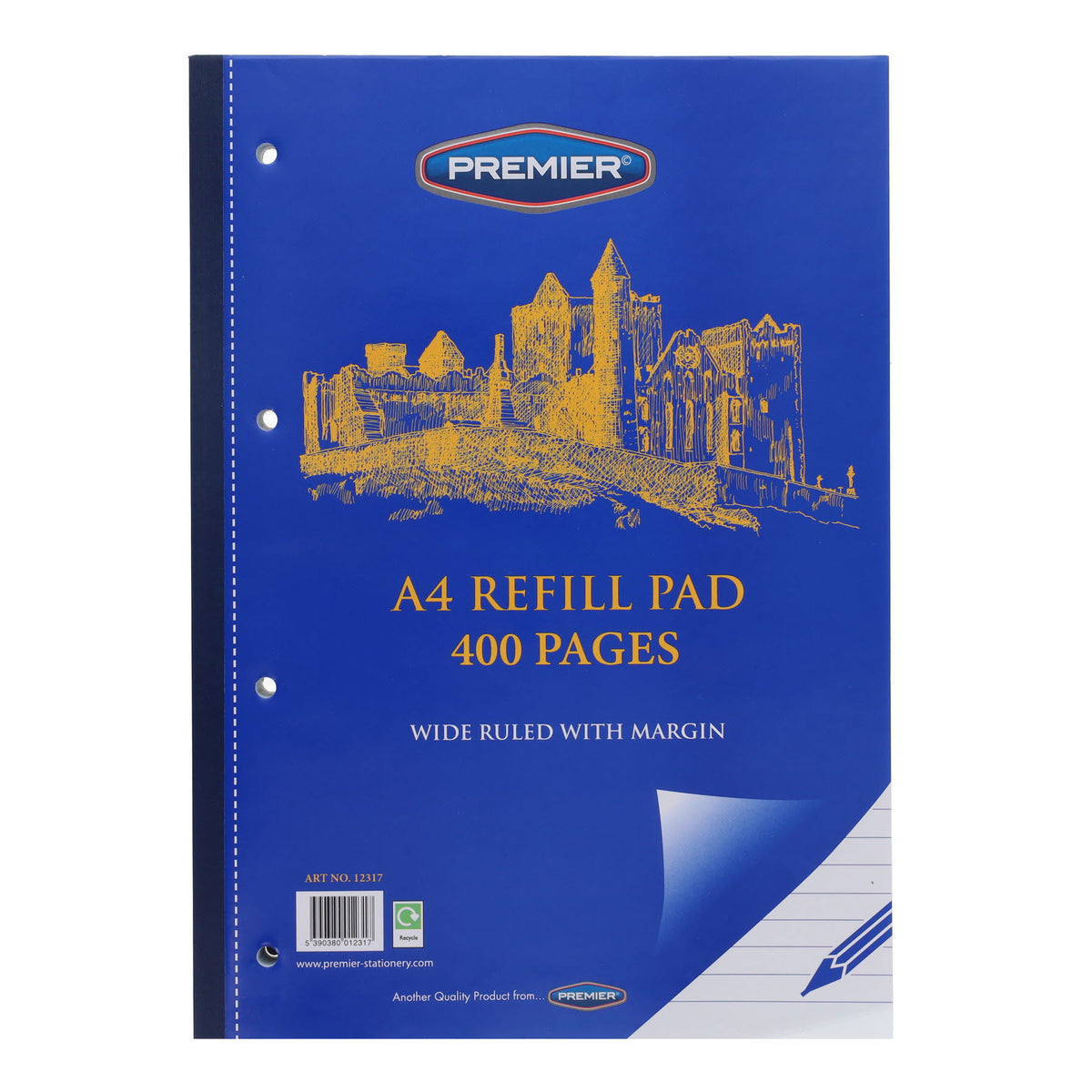 Premier A4 Refill Pad, 400 pages, wide ruled with margin, featuring a blue cover with a gold castle illustration and white corner details.