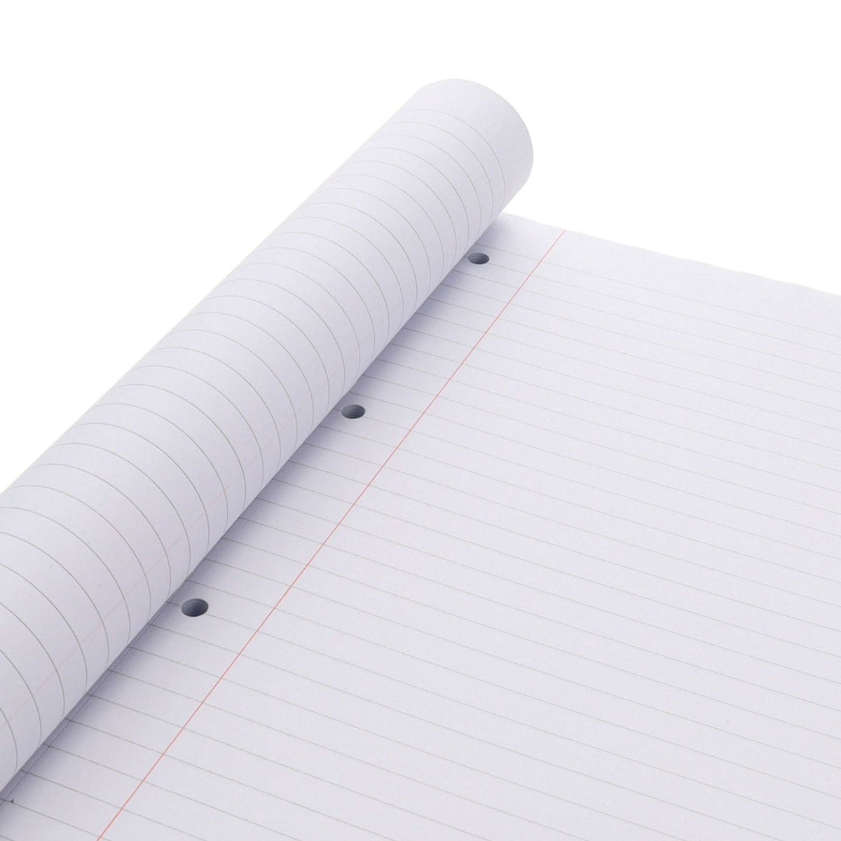Notepad of lined paper with red margin lines on a white background