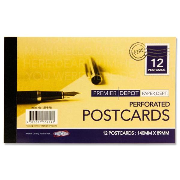A pack of 12 Premier Depot paper dept. blank postcards measuring 140mm x 89mm each, featuring a yellow and dark purple packaging design with a fountain pen illustration.
