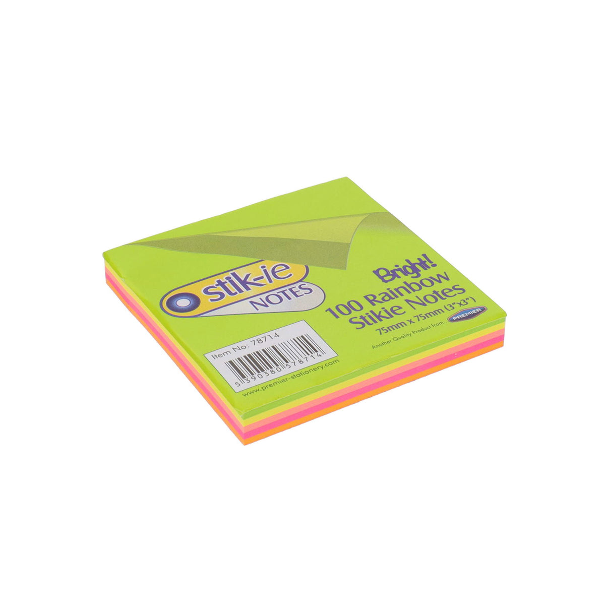 Pack of Stik-ie sticky Notes with colourful rainbow colours on a white background