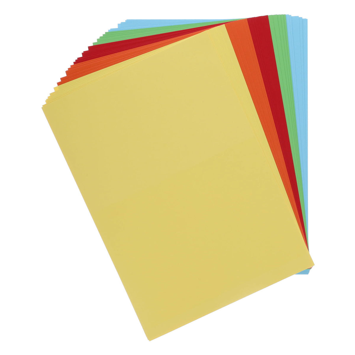 A fan of coloured paper sheets fanned out on a white background, showing the top yellow sheet and layers of red, orange, green, and blue underneath.
