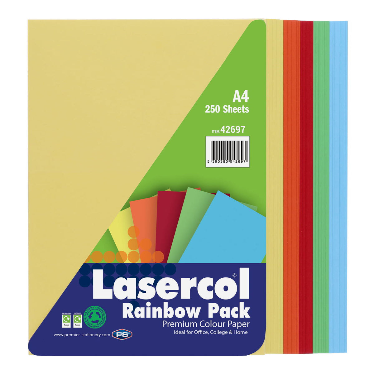 A pack of Lasercol Rainbow Pack A4 colour paper with 250 sheets, showing a variety of coloured sheets stacked on the right side of the packaging.