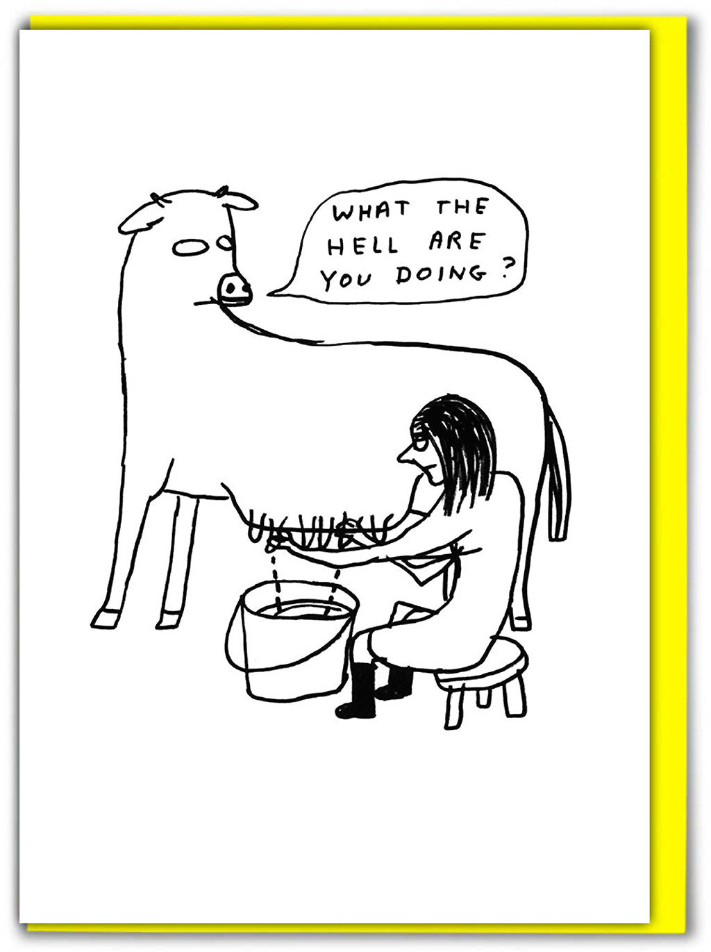 What The Hell Are You Doing David Shrigley Card shows a black pen illustration of a cow being milked and turning it's head to ask in a speech bubble 'what the hell are you doing?'.
