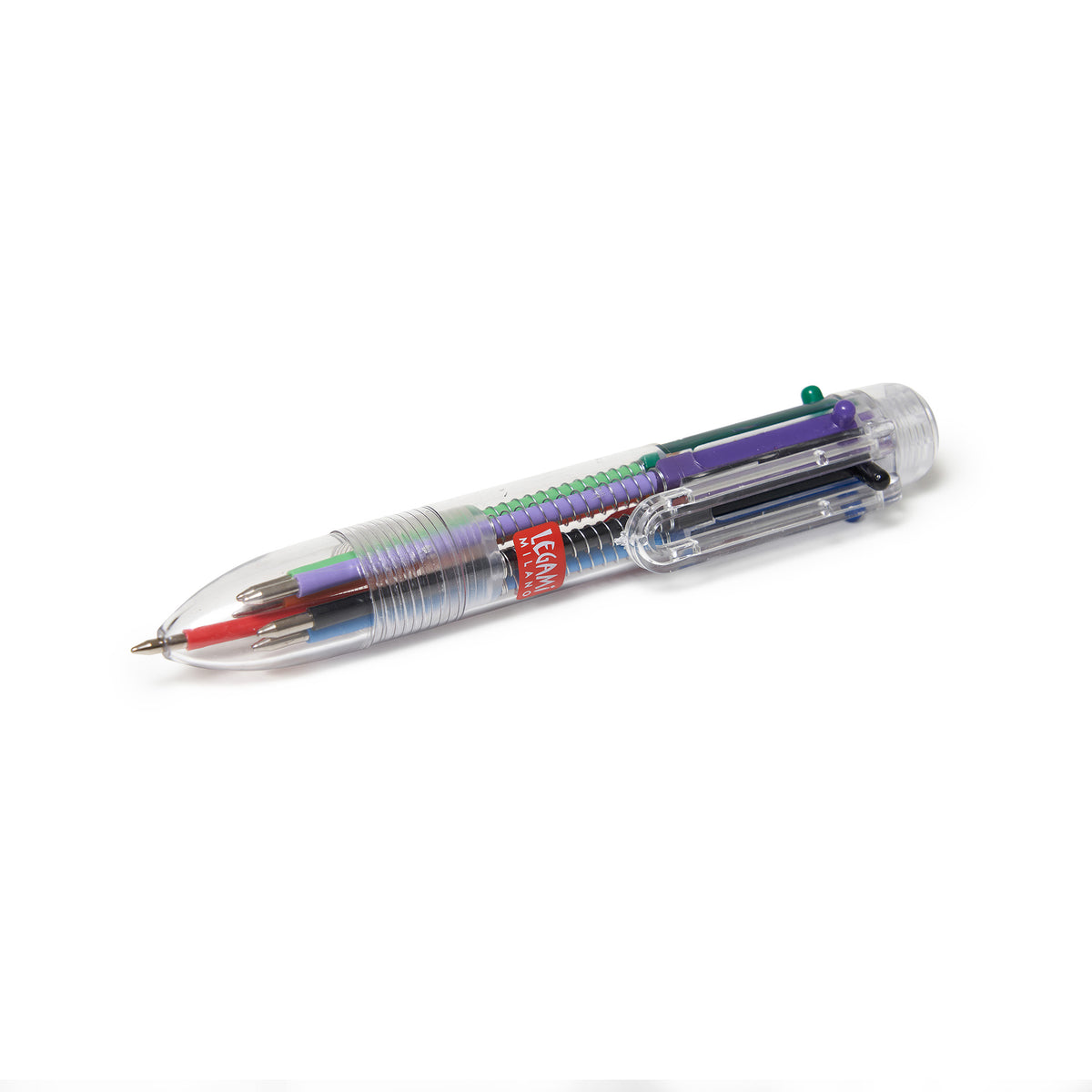 An image of a clear plastic multi ink ballpoint pen. 