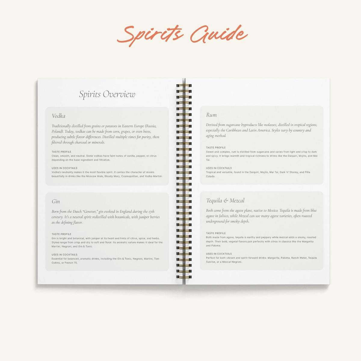 Just One More? A5 Cocktail Book showing spirits guide by penny black