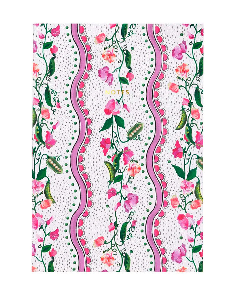 An image of an A4 floral notebook with colours pink, green and white. It has the word NOTES written in gold foil capitals.