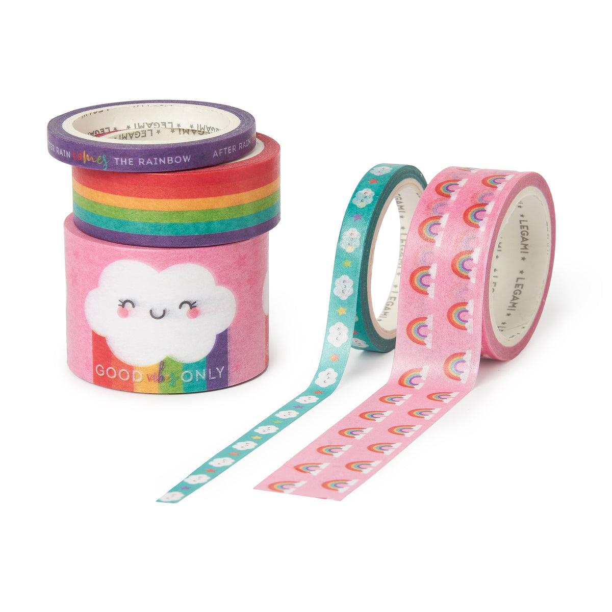 An image of five rainbow and happy cloud theme paper washi tapes. They are different widths.