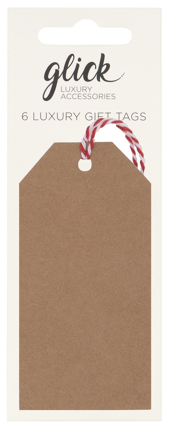 Pack of six brown kraft paper gift tags with red and white striped twine loops, branded 'glick Luxury Accessories' on a cream backing card.
