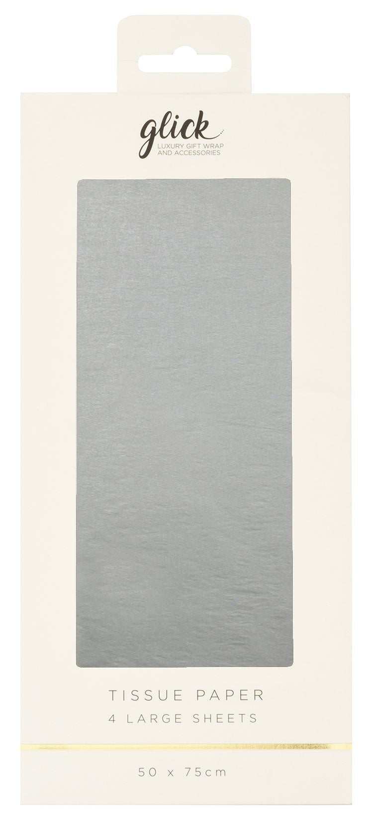 Glick tissue paper packaging with silver tissue paper.