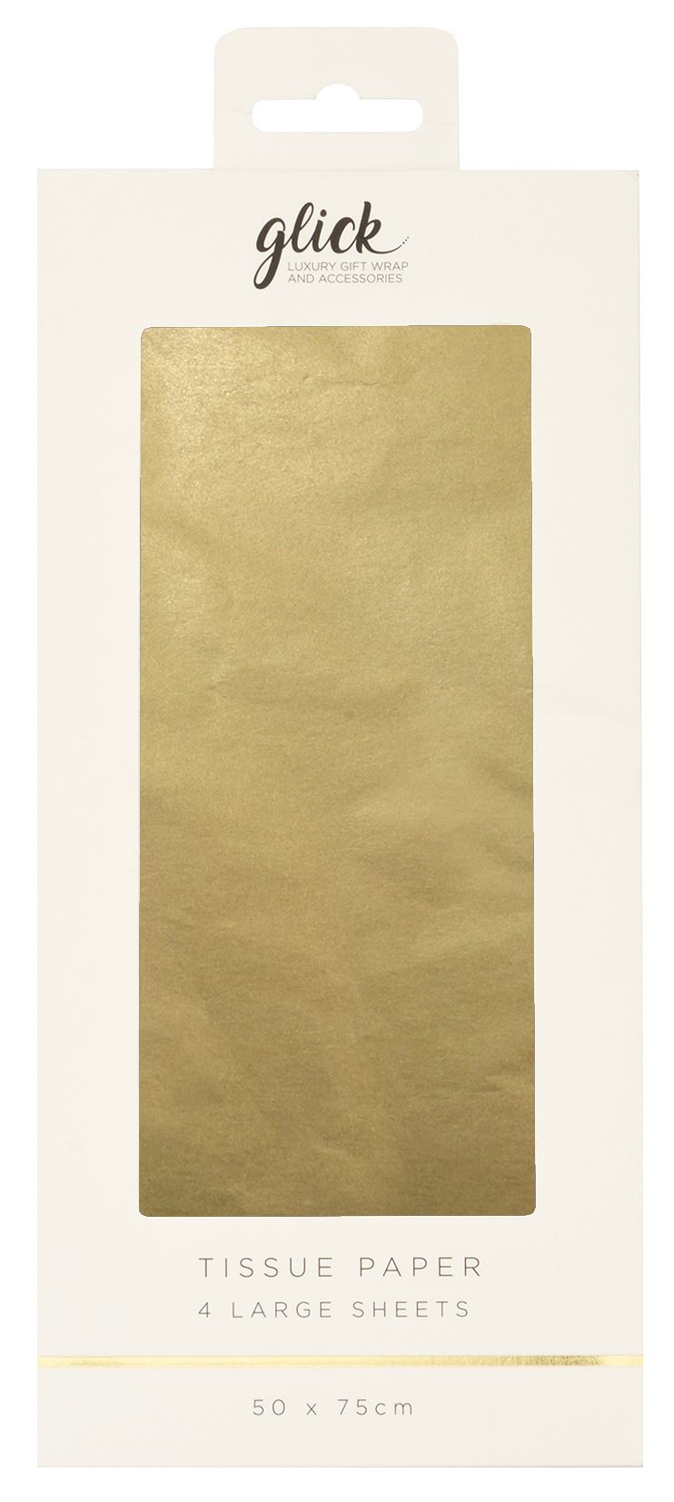 Packaging of gold tissue paper with 'glick' branding on a white background