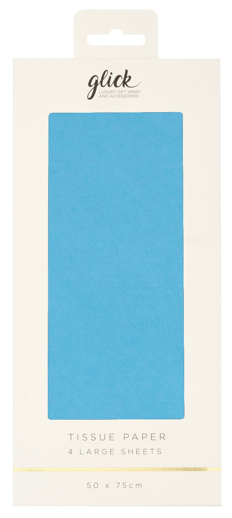 Packaging of tissue paper with turquoise blue sheets and 'glick' branding.
