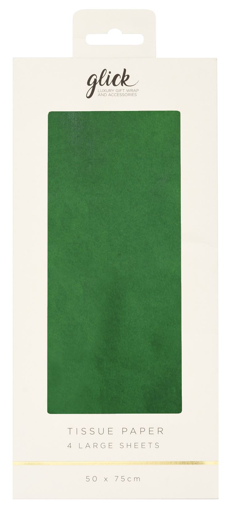 Packaging of green tissue paper with 'glick' branding on a white background