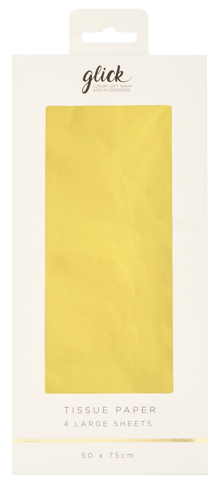 Packaging of yellow tissue paper with 'glick' branding on a white background
