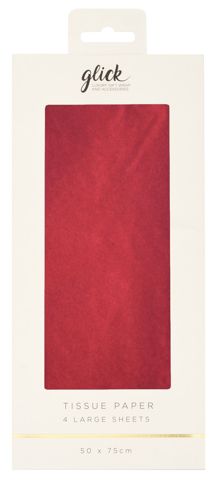 Glick tissue paper package with red tissue paper inside on a white background