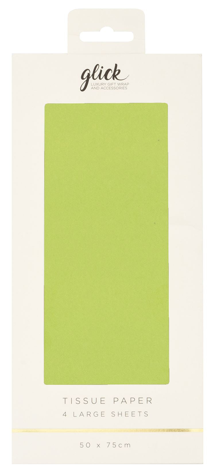 Packaging of Glick tissue paper with a lime green sheet showing in the cut out window.