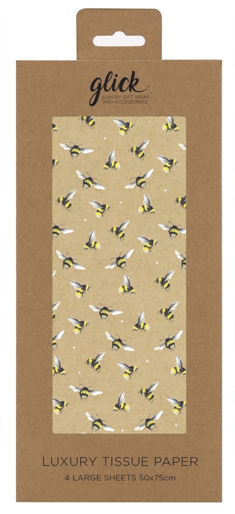 Kraft brown Retail packing for A rectangular sheet of tissue paper with a kraft brown background, covered in images of bees in flight.