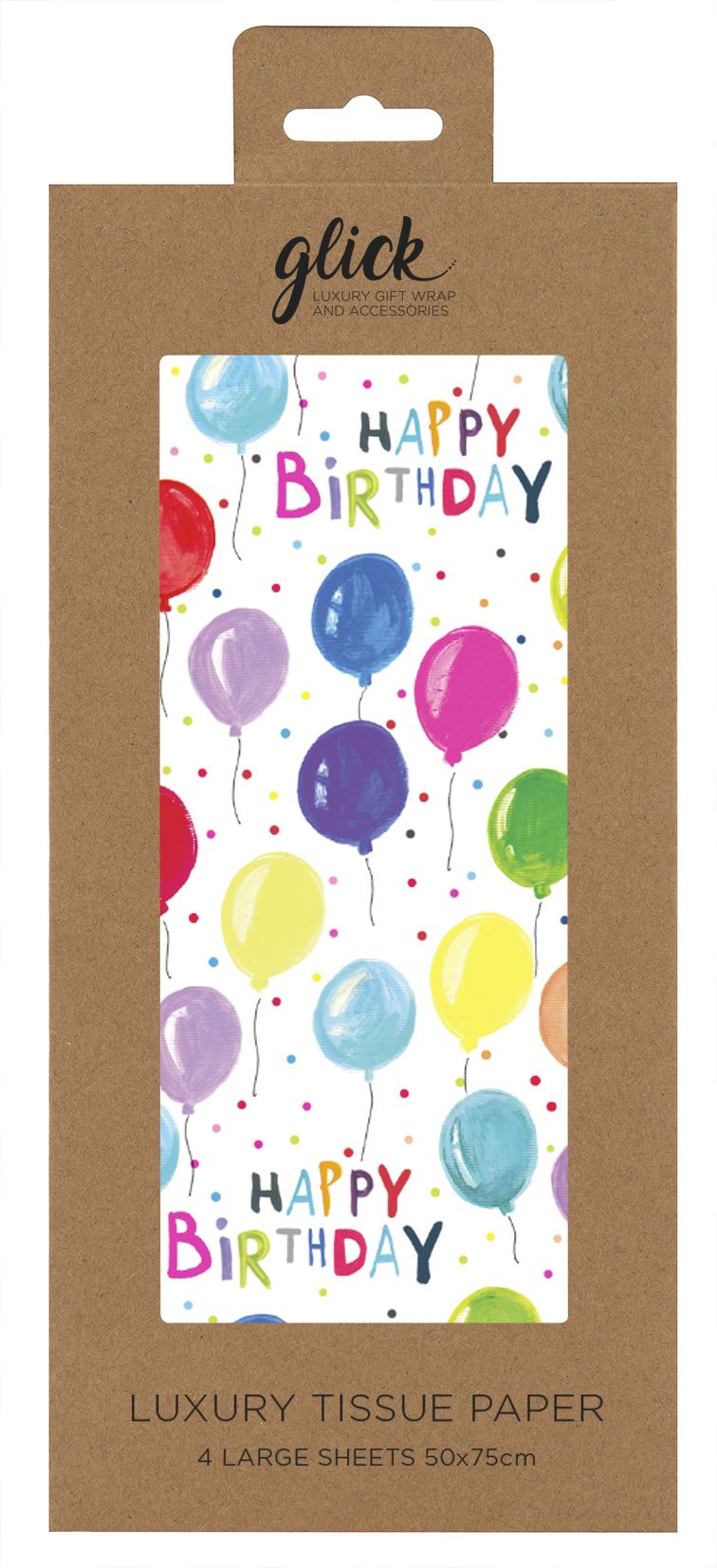 Retail packaging for a rectangular sheet of tissue paper with a white background covered in a rainbow of coloured balloons with strings dangling. The white background also has some multicoloured spots embellishing it and the words Happy Birthday in a haphazard type.