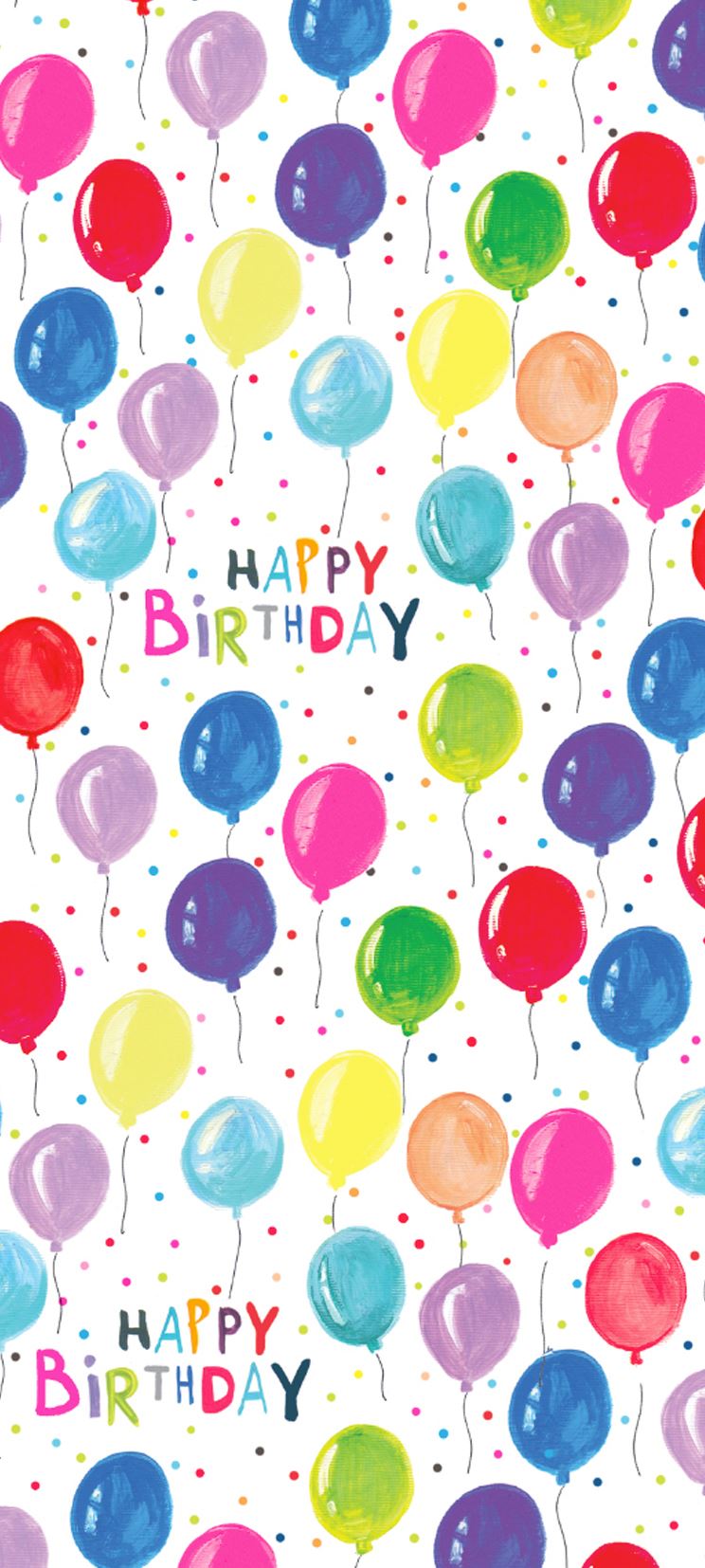 A rectangular sheet of tissue paper with a white background covered in a rainbow of coloured balloons with strings dangling. The white background also has some multicoloured spots embellishing it and the words Happy Birthday in a haphazard type.
