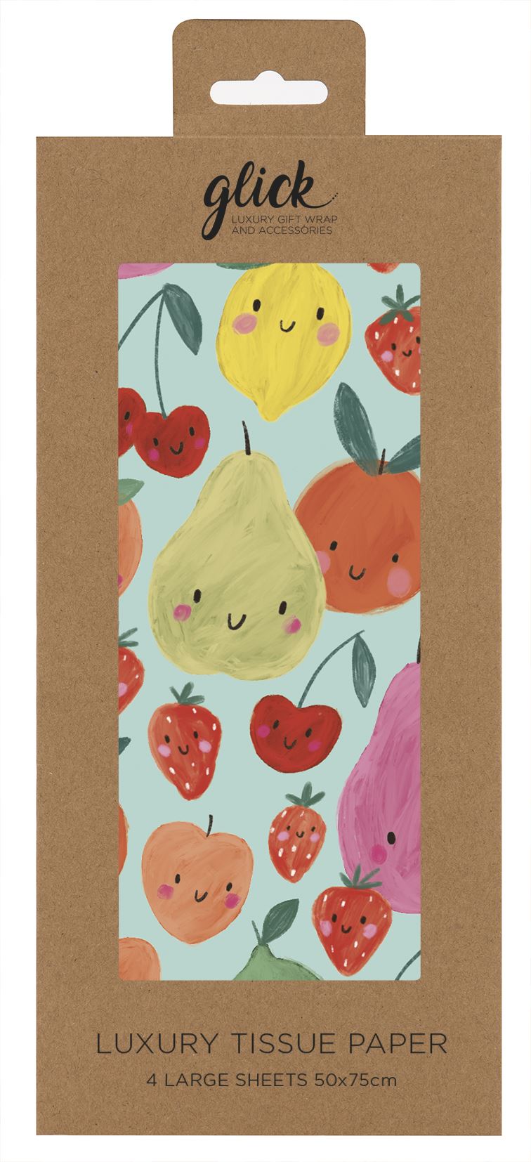 Retail packaging for A rectangular sheet of tissue paper with a sage green background covered in fruit with happy smiling faces. The artwork is painted in a kawaii style. The fruit shown are pears, strawberries, cherries, peaches, oranges and lemons.