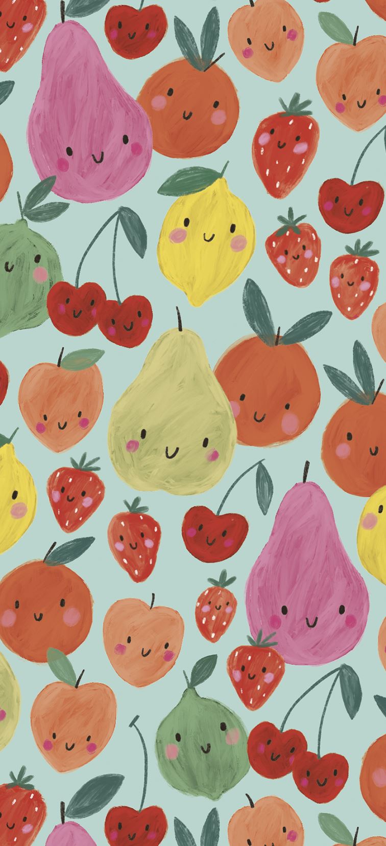 A rectangular sheet of tissue paper with a sage green background covered in fruit with happy smiling faces. The artwork is painted in a kawaii style. The fruit shown are pears, strawberries, cherries, peaches, oranges and lemons.
