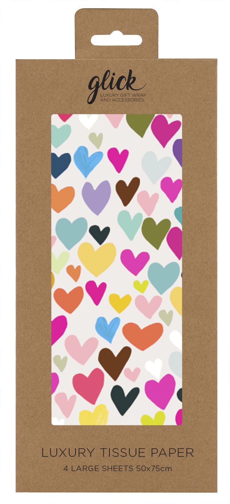 Retail packaging for a rectangular sheet of tissue paper covered in a multitude of different sized and coloured hearts. The hearts are not uniform.