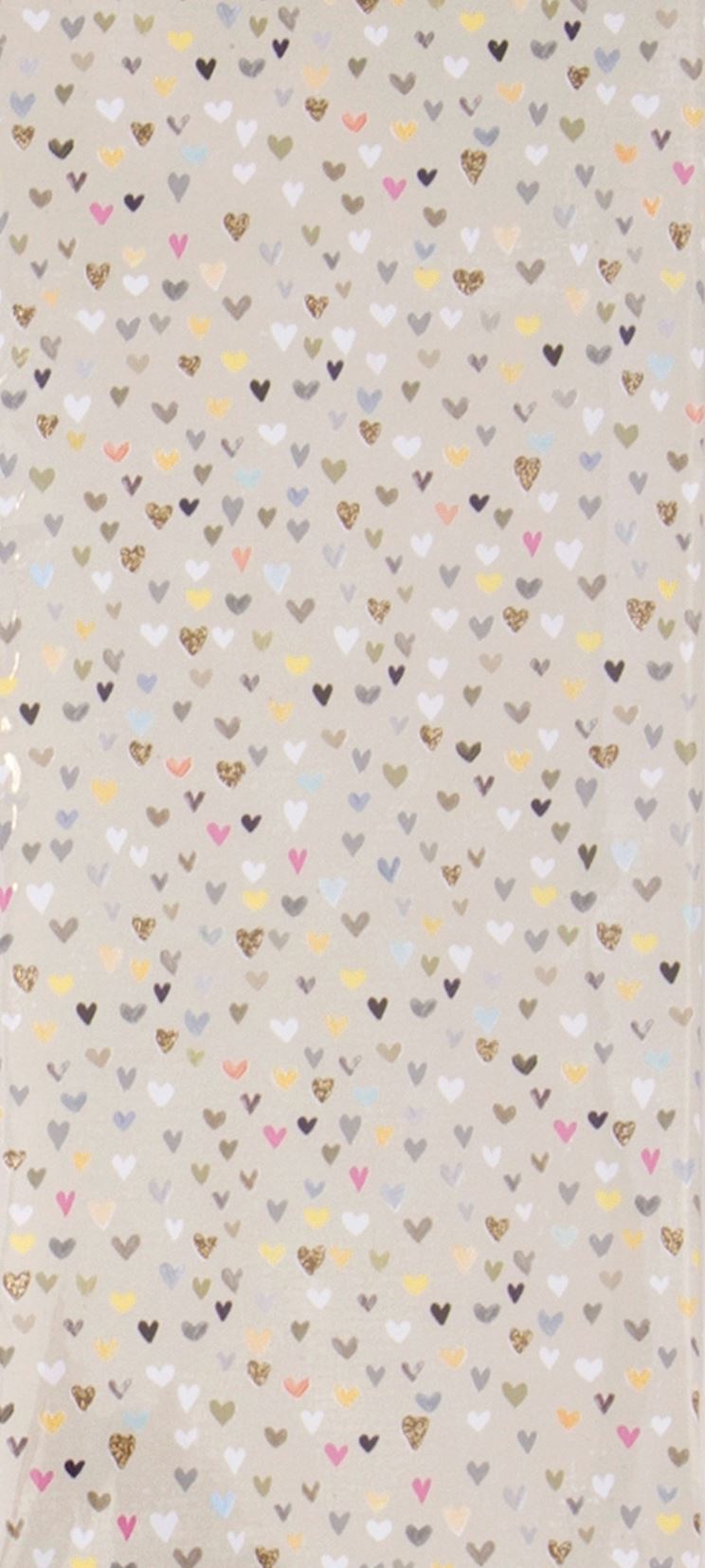 A rectangular sheet of tissue paper with a matt gold/beige background covered in tiny hearts of differing colours and textures. The hearts are pink, gold, black, white and silver. The hearts are not uniform in shape or placement.