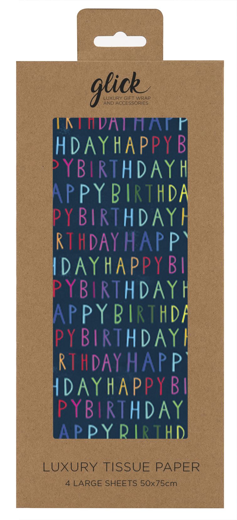 Retail packaging for A rectangular sheet of tissue paper with a navy blue background covered in the words happy birthday in block capitals in a gradient of rainbow colours. The letters are not uniform, a haphazard lettering.