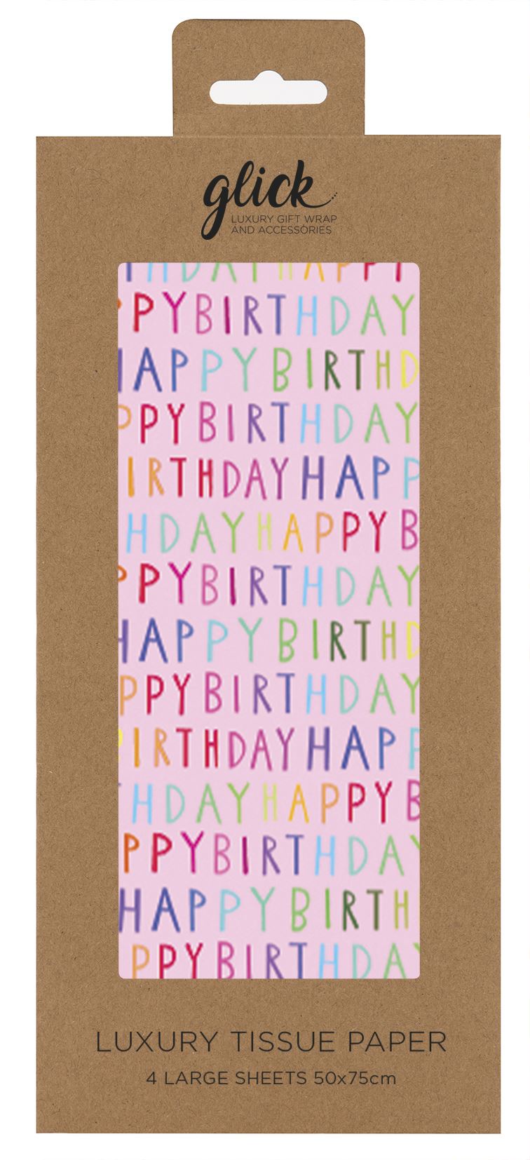 Retail packaging for A rectangular sheet of tissue paper with a light pink background covered in the words happy birthday in block capitals in a gradient of rainbow colours. The letters are not uniform, a haphazard lettering.