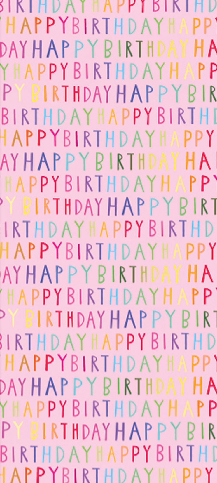 A rectangular sheet of tissue paper with a light pink background covered in the words happy birthday in block capitals in a gradient of rainbow colours. The letters are not uniform, a haphazard lettering.
