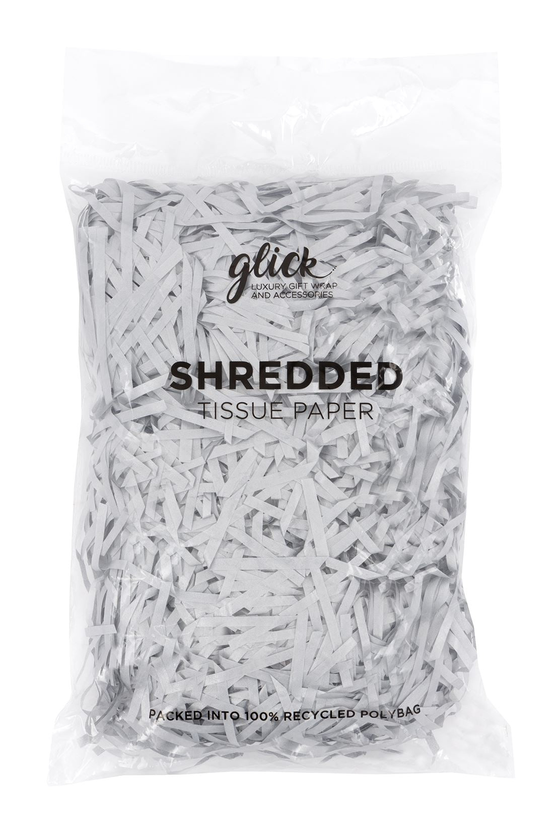 A clear plastic bag filled with shredded silver tissue paper, labeled 'glick SHREDDED TISSUE PAPER' on a white background.