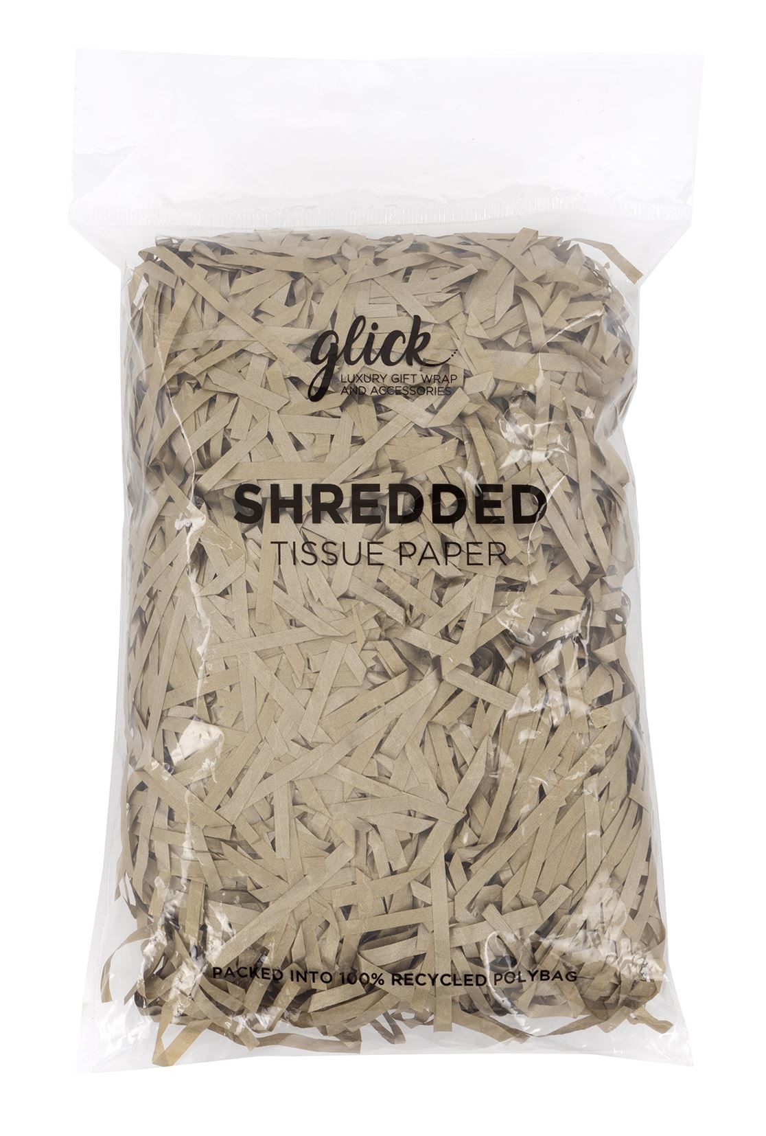 A clear plastic bag filled with shredded tissue paper in a gold, with the brand name 'glick' and text 'SHREDDED TISSUE PAPER' printed on the front.