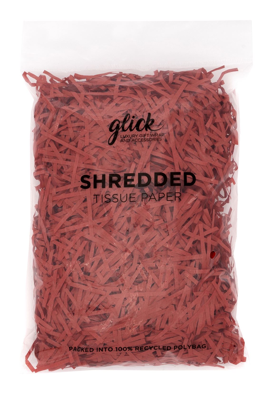 A clear plastic bag filled with shredded red tissue paper, labeled 'glick' and 'SHREDDED TISSUE PAPER', on a white background.
