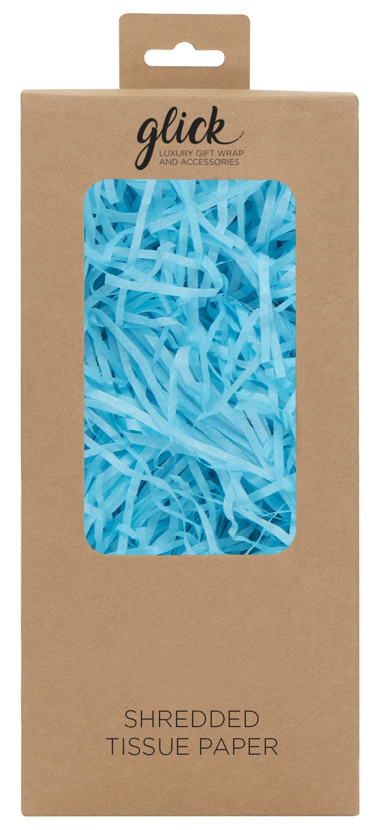 Retail packaging for blue shredded tissue paper. The light blue paper is shown in the window of the packaging