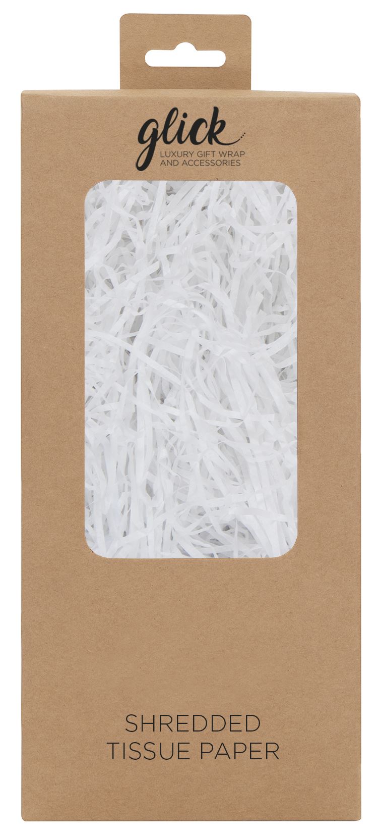 Retail packaging for white shredded tissue paper. The white paper is shown in the window of the packaging