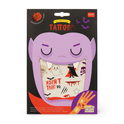 Halloween-themed temporary tattoo set packaging with purple monster design on a black background