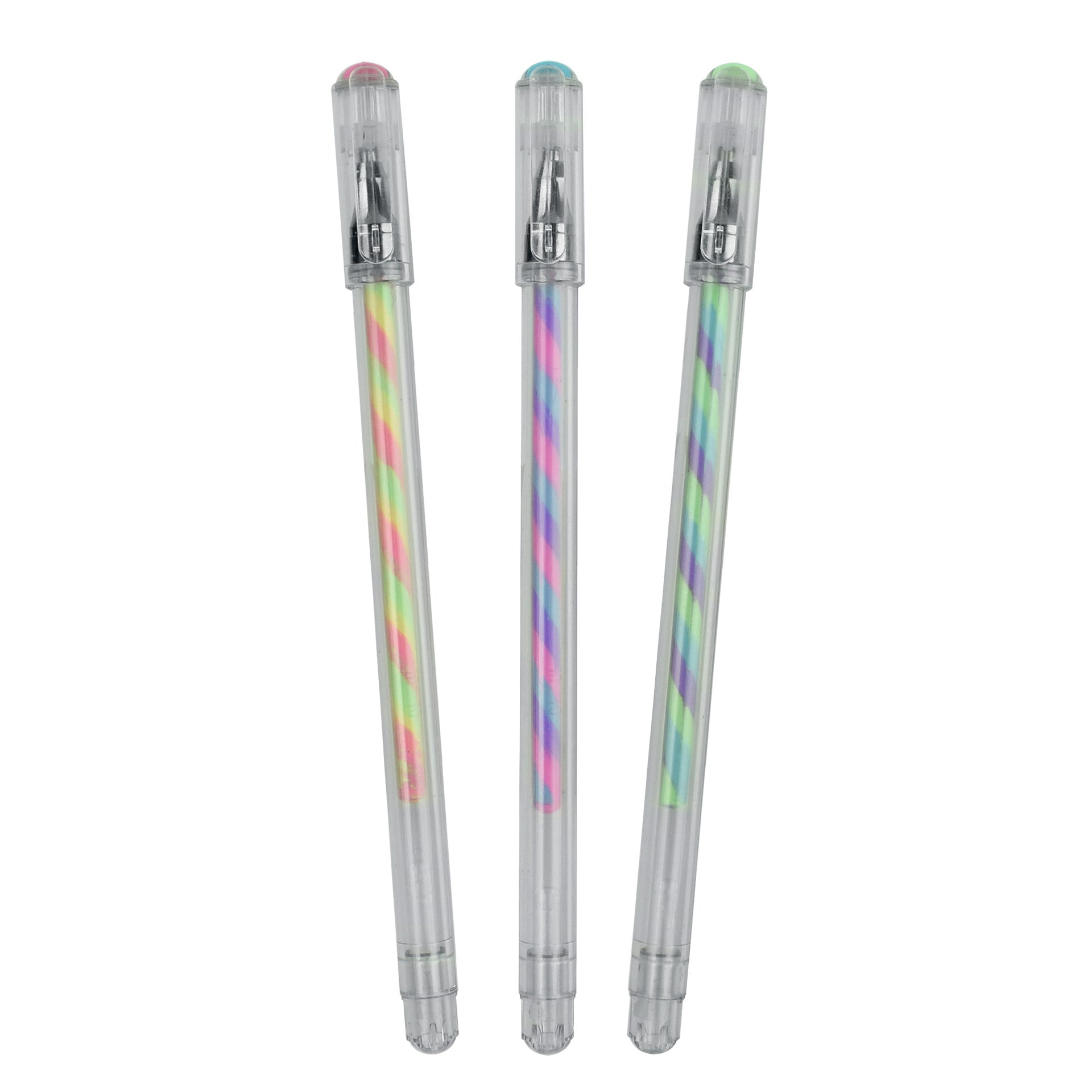 An image of three multicoloured gel pens. The colours are twisted around each colour in each pen.